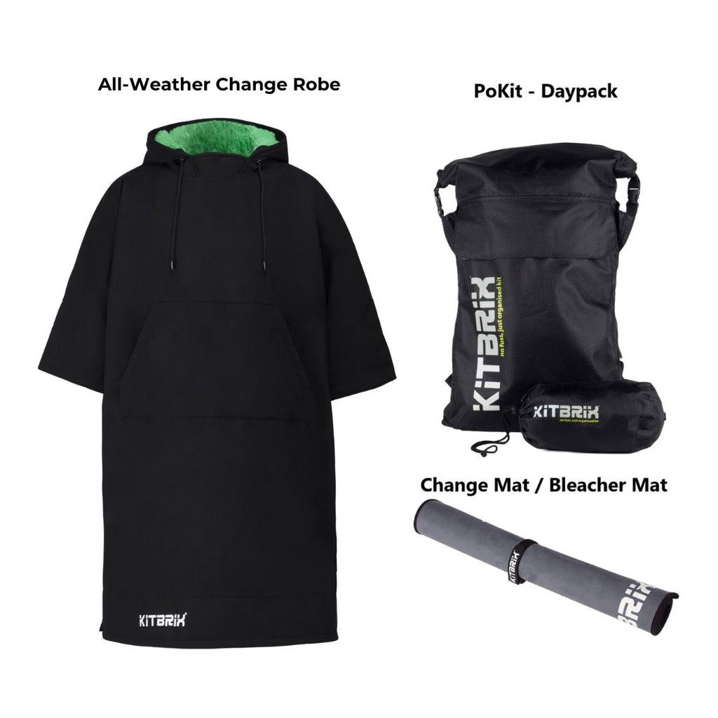 USA Market Bundle with PoKit Waterproof-Daypack-Compact, Quick Dry Microfiber Towel, seat mat and Eco-Friendly Change robe for Outdoor Activities.