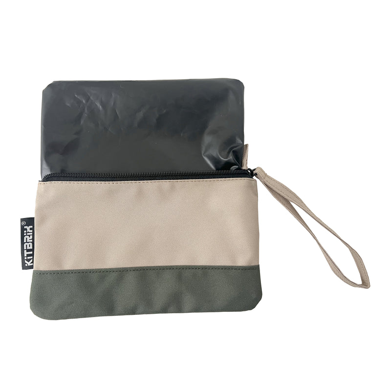 Convenient wrist-strapped duo-color pouch ideal for handkerchief storage.