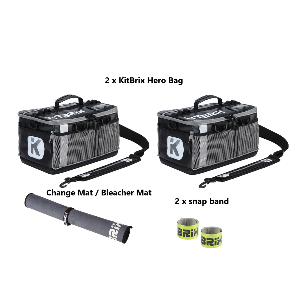 This is your best companion including two Kitbrix hero bags, change mat/ bleacher mat and two reflective snap bands.