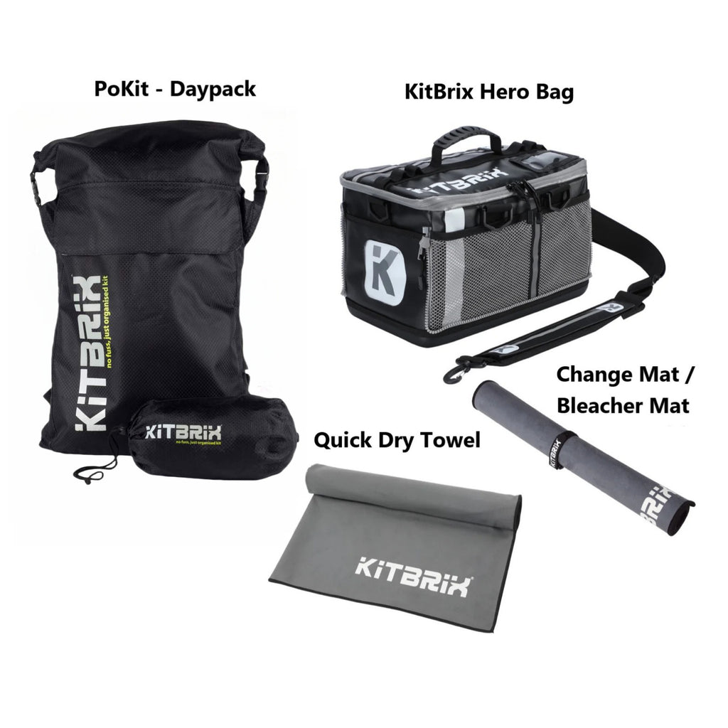 This is your best outdoors gear including the pokit-daypack , kitbrix hero bag , quick dry towel and change mat/ beacher mat. Stay dry and refreshed with the microfiber towel in this waterproof bundle, perfect for triathlons and outdoor activities.