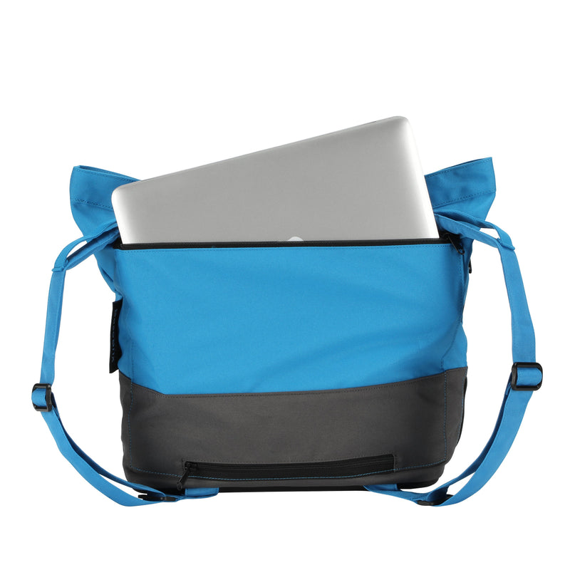Eco friendly tote bag featuring a laptop pocket at the back and two way use: backpack and shoulder carrying